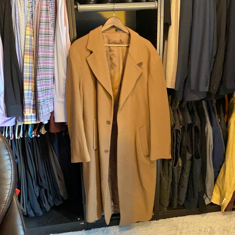 48R camel-colored, wool, full length winter coat.